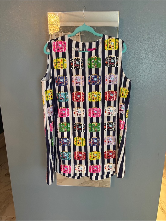 QUEEN OF SPARKLES Dresses & Skirts - QUEEN OF SPARKLES Navy & White Striped Mini Dress with Multicolor Sequin Blocks